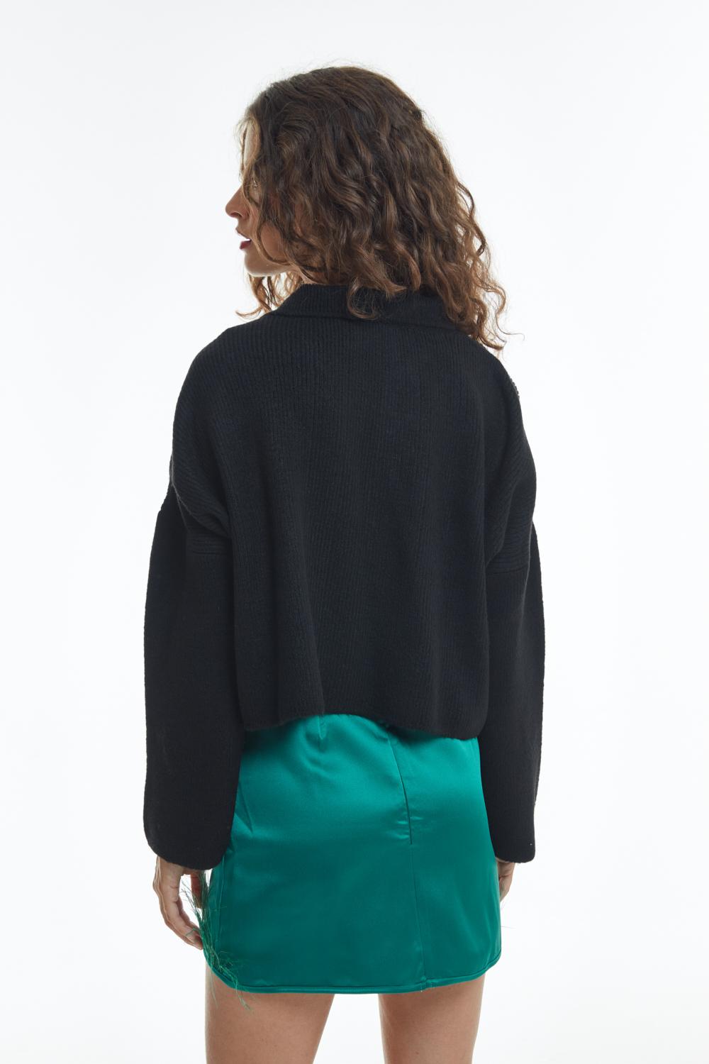 Gömlek Yaka Crop Kazak Siyah