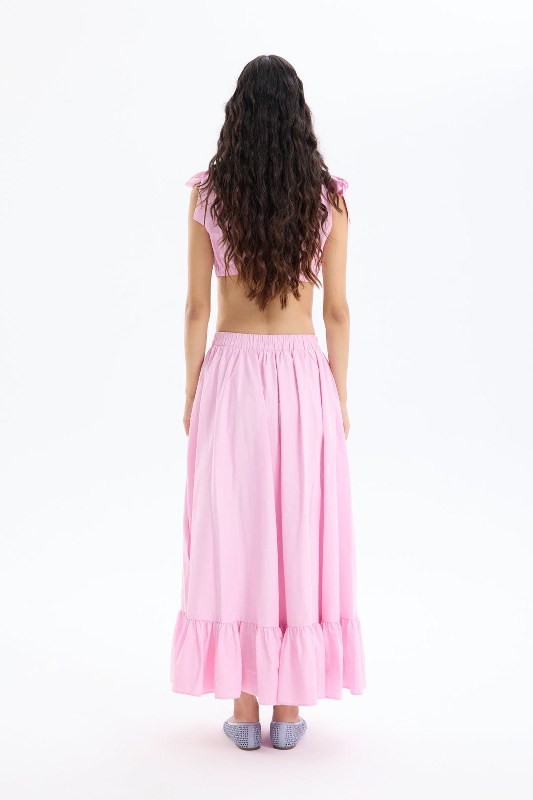 Pile Detaylı Yırtmaçlı Midi Boy Etek Pembe