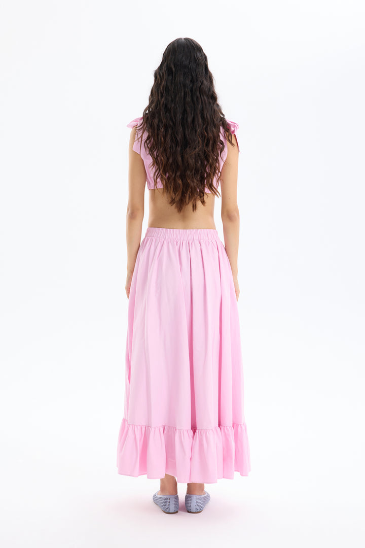 Pile Detaylı Yırtmaçlı Midi Boy Etek Pembe
