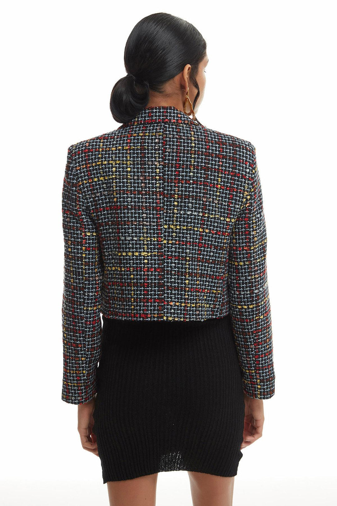 Button Detailed Tweed Blazer Jacket Black