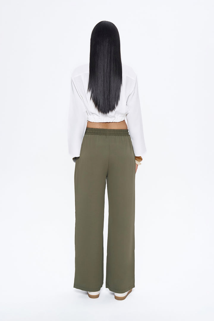Elastic Waist Wide Leg Trousers Khaki