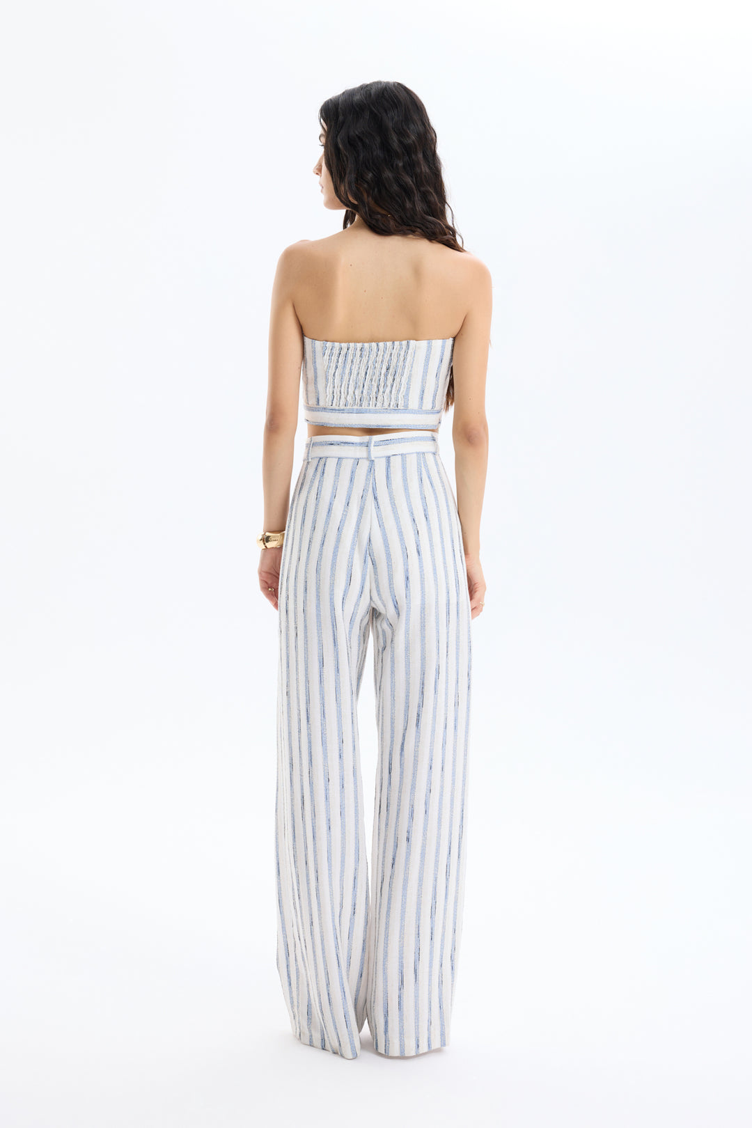 Çizgili Bağlamalı Straplez Keten Bluz Mavi