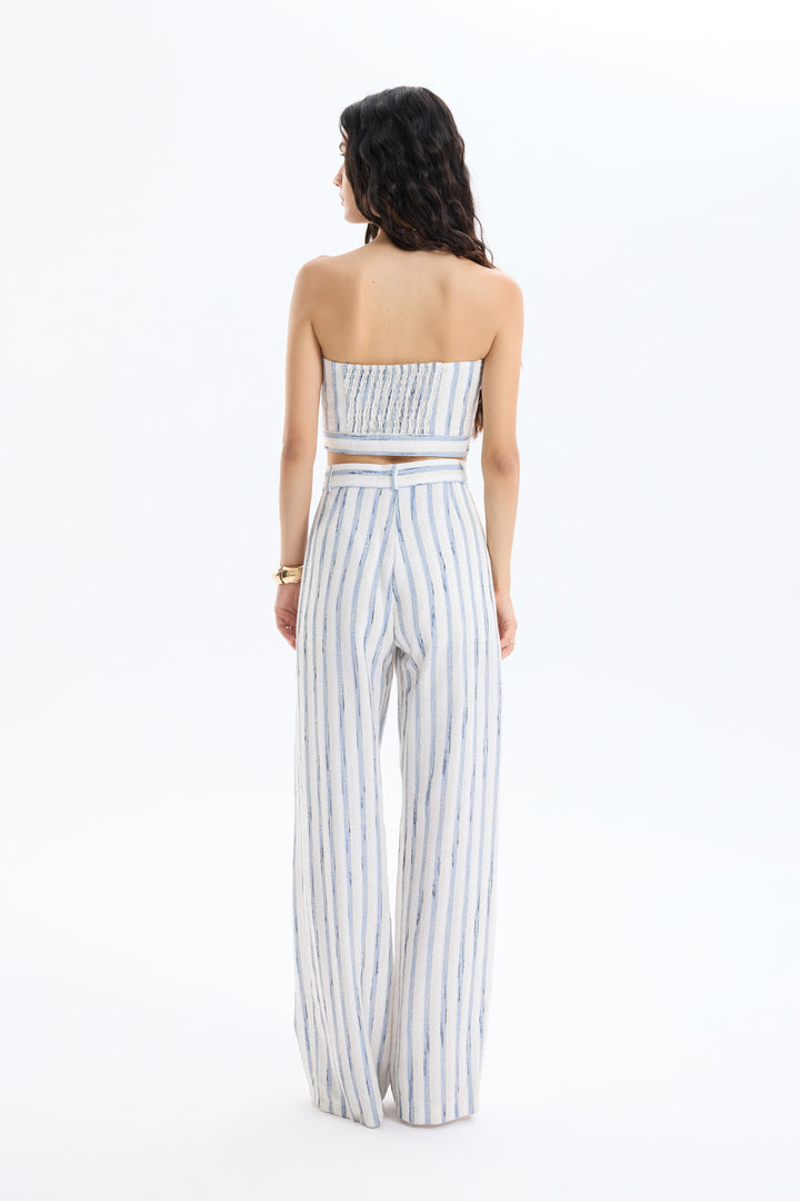 Çizgili Bağlamalı Straplez Keten Bluz Mavi