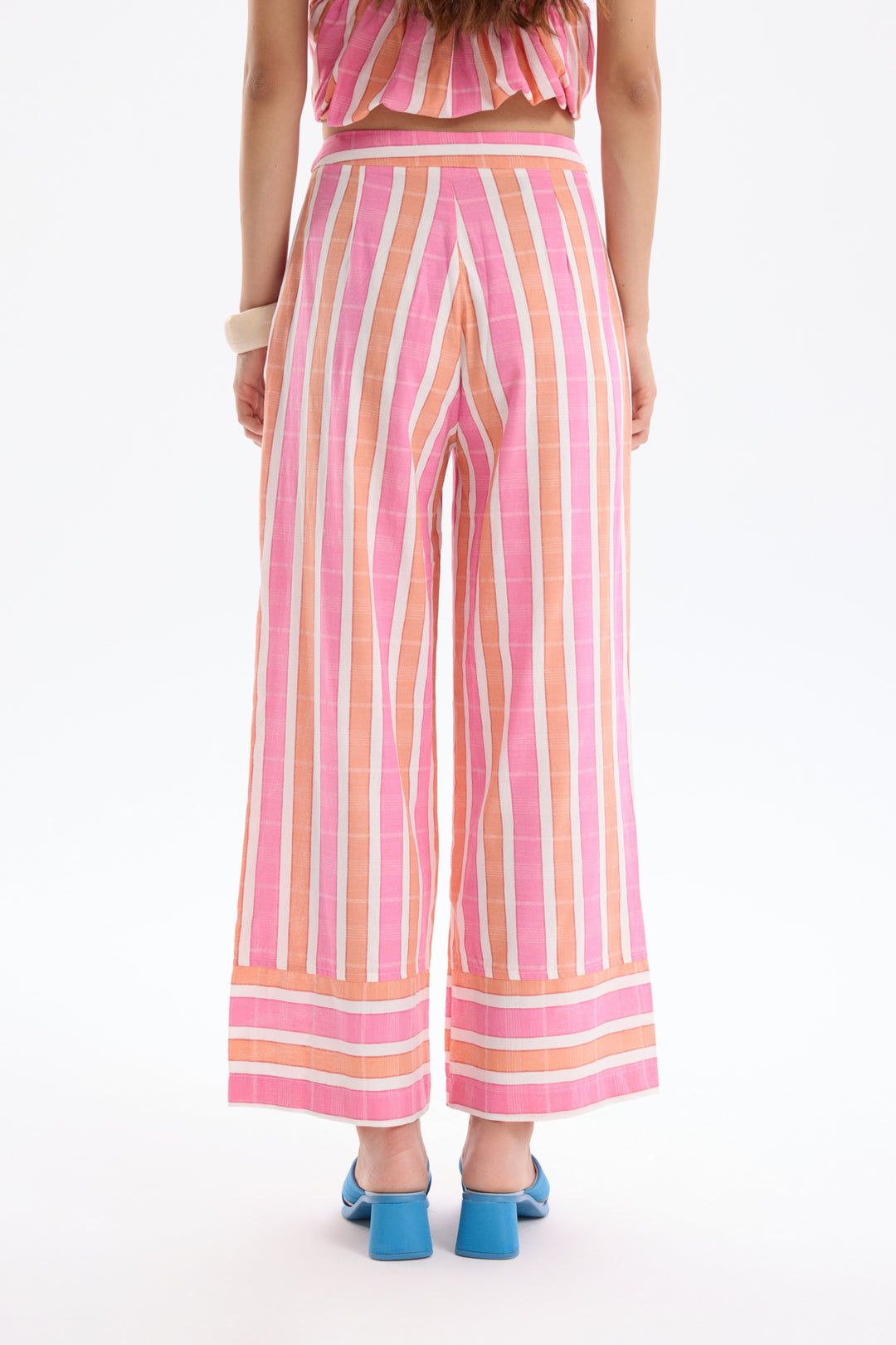 Renkli Çizgili Yüksek Bel Pantolon Pembe
