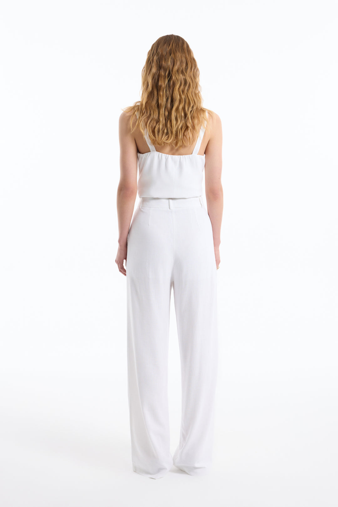 Yüksek Bel Keten Palazzo Pantolon Ekru