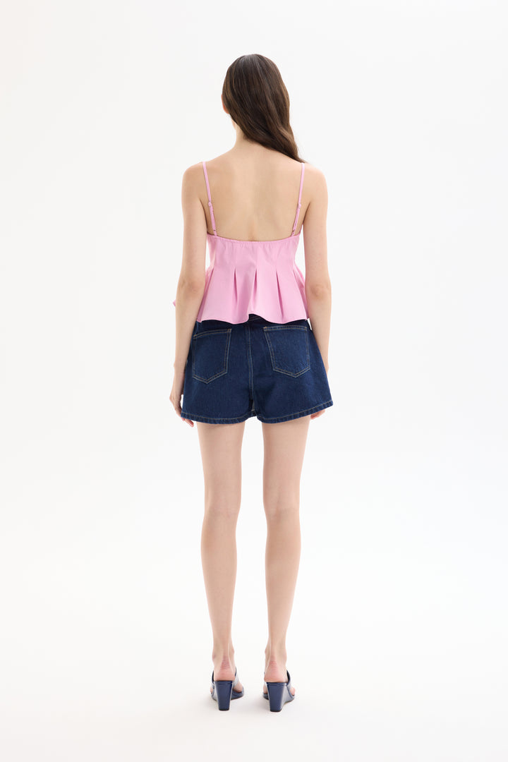 Pile Detaylı Düğmeli İnce Askılı Bluz Pembe