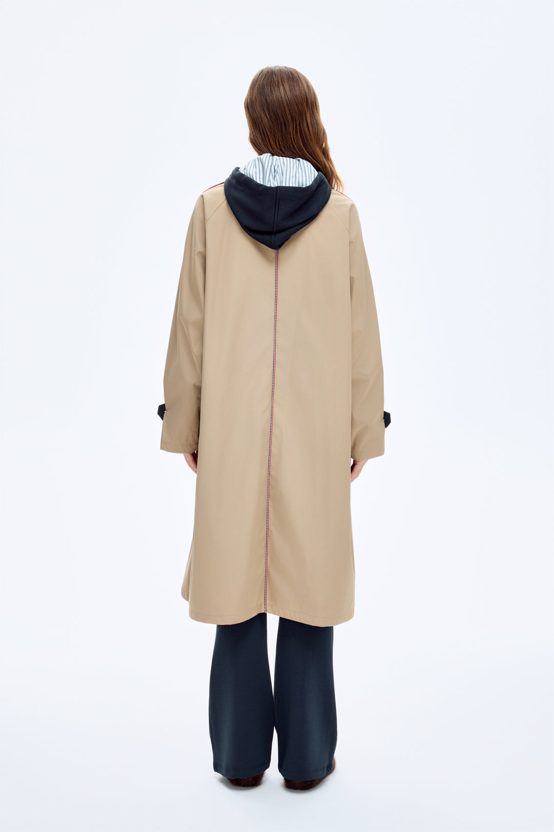Kapüşonlu Kontrast Yaka Detaylı Oversize Trençkot Camel