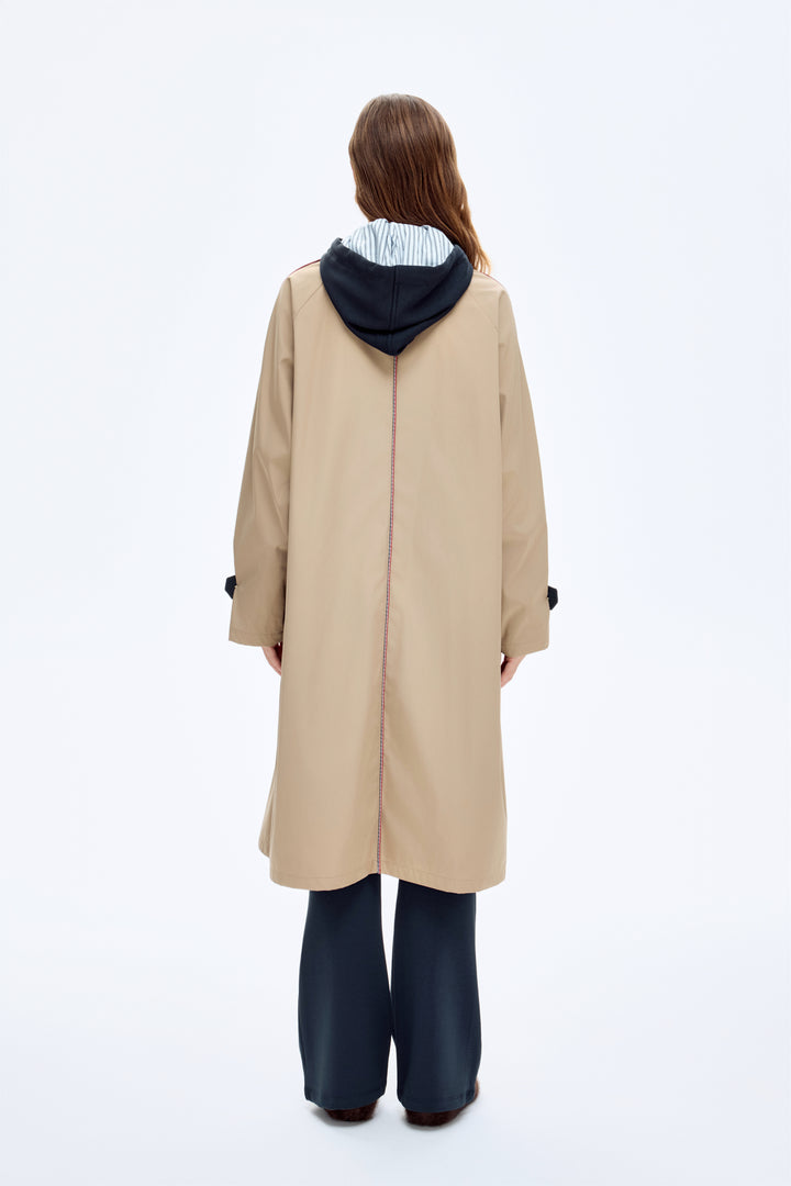 Kapüşonlu Kontrast Yaka Detaylı Oversize Trençkot Camel