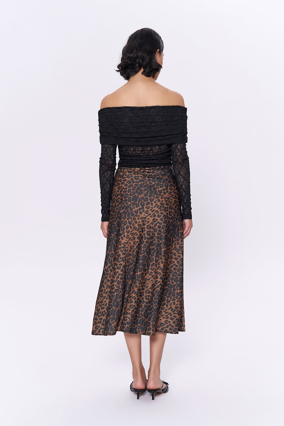 Leopar Desenli Saten Midi Etek Kahverengi