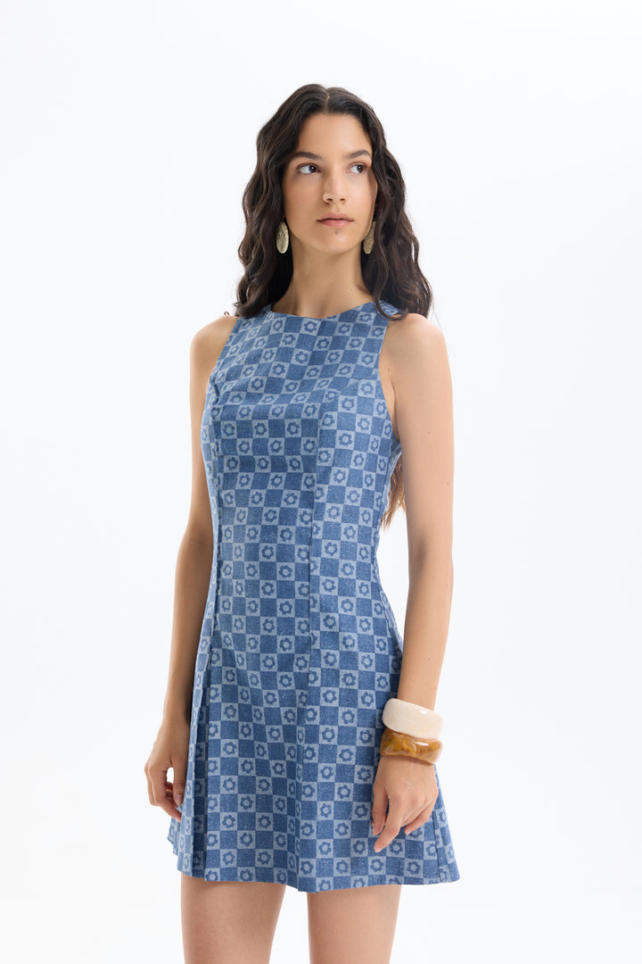 Dama Desenli Halter Yaka Mini Elbise İndigo