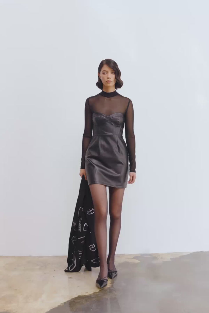 Tül Detaylı Deri Mini Elbise Siyah