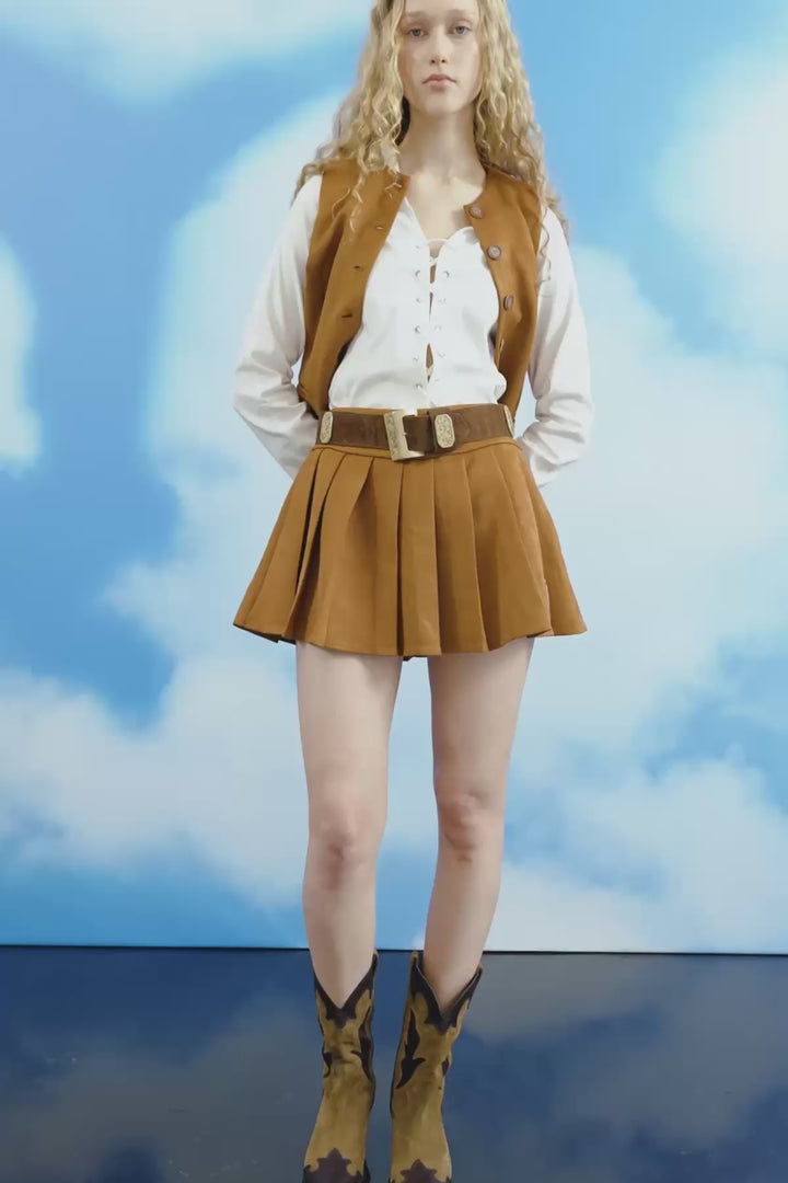 Pile Detaylı Süet Mini Etek Taba