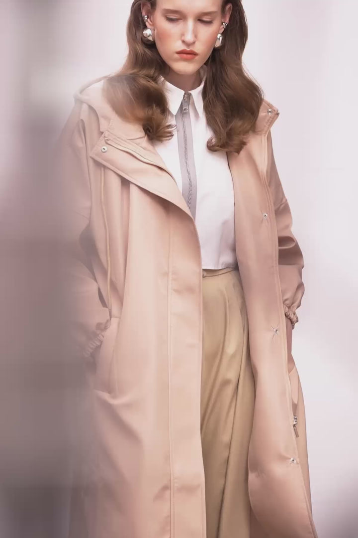 Oversize Hooded Trench Coat Beige