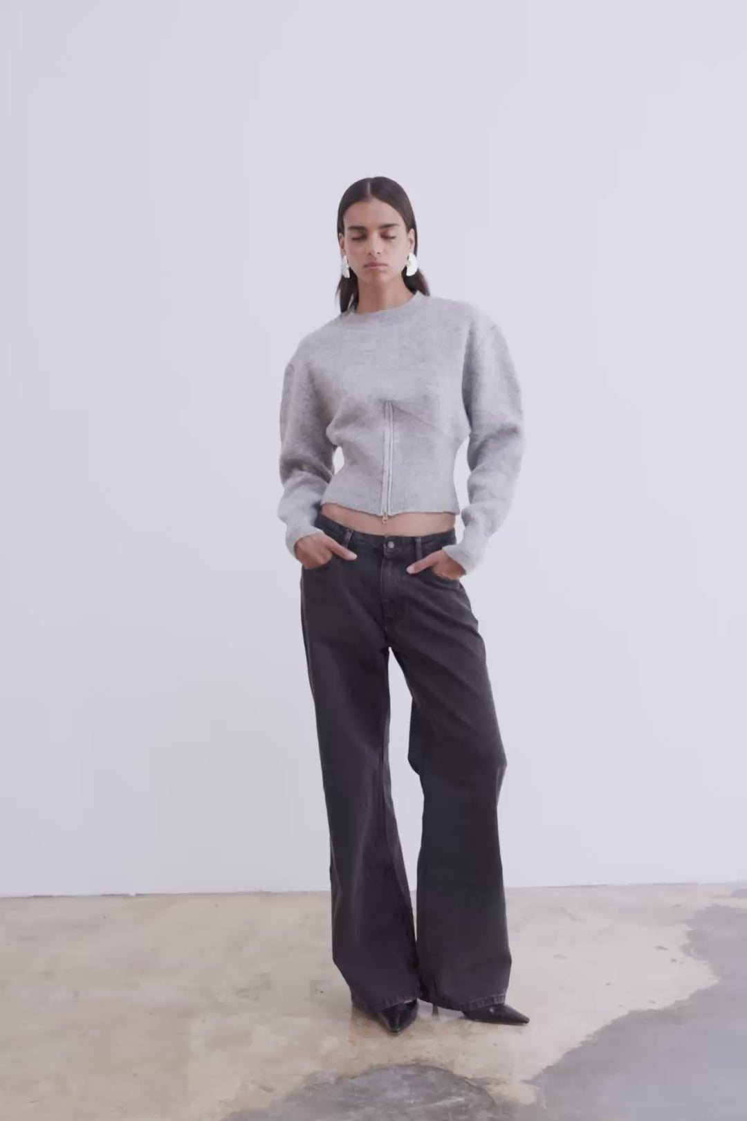 Fermuar Aksesuarlı Uzun Kol Triko Gri