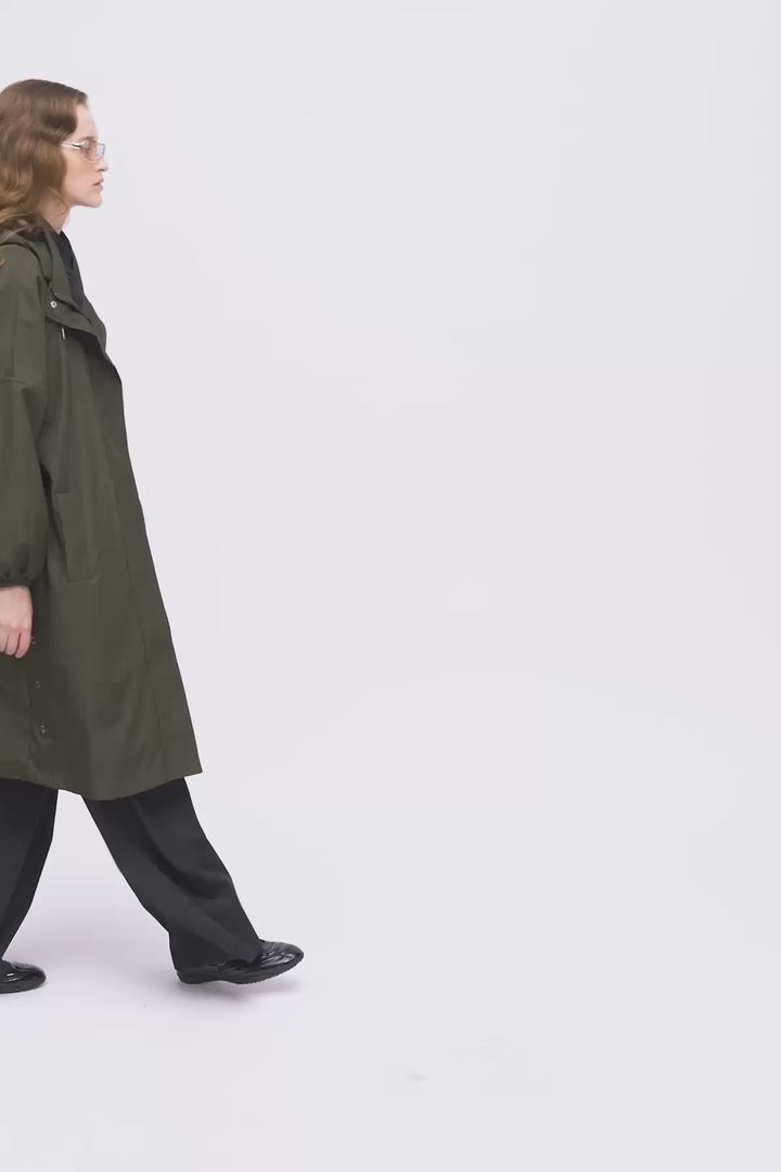 Oversize Kapüşonlu Trençkot Haki