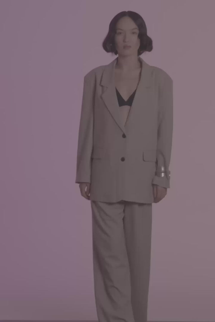 İnce Çizgili Düğmeli Oversize Blazer Ceket Bej