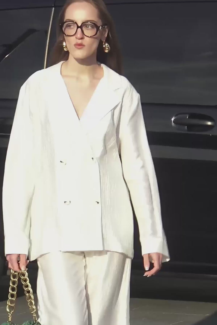 Dokulu Oversize Blazer Ceket Ekru
