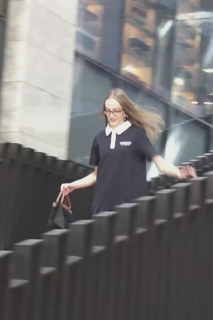 Polo Yaka Pileli Mini Elbise Lacivert