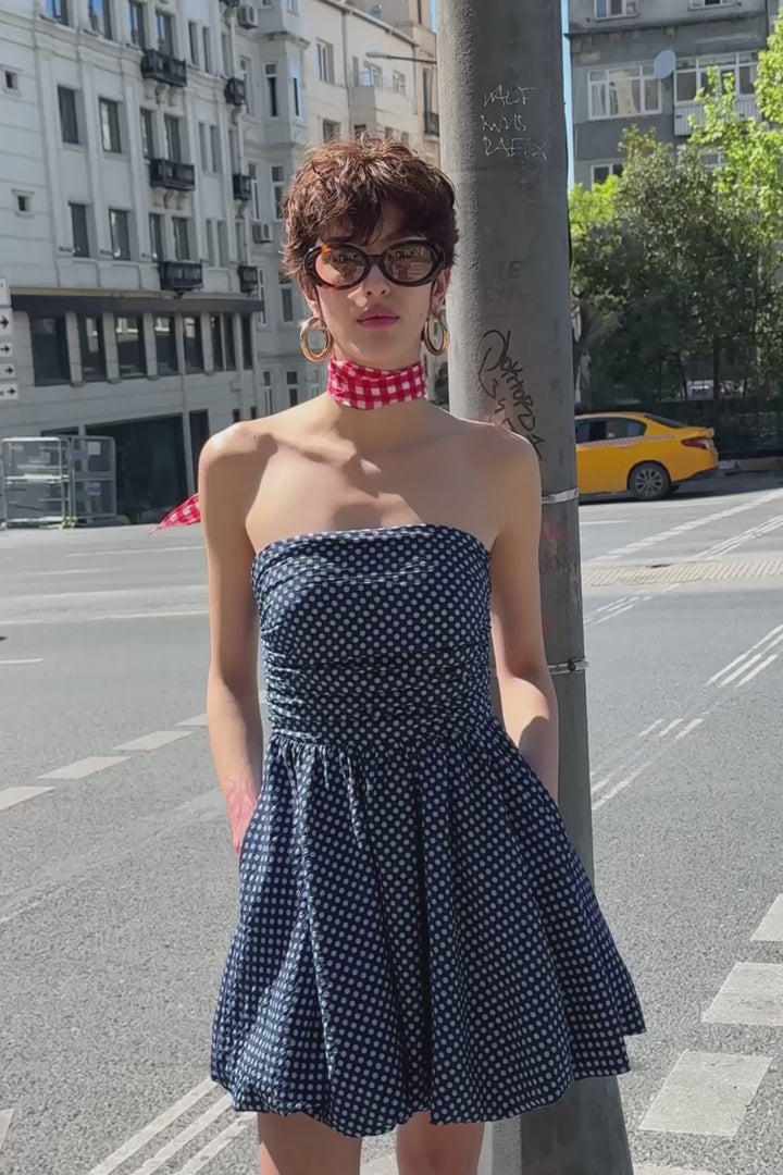 Puantiyeli Straplez Mini Balon Elbise Lacivert