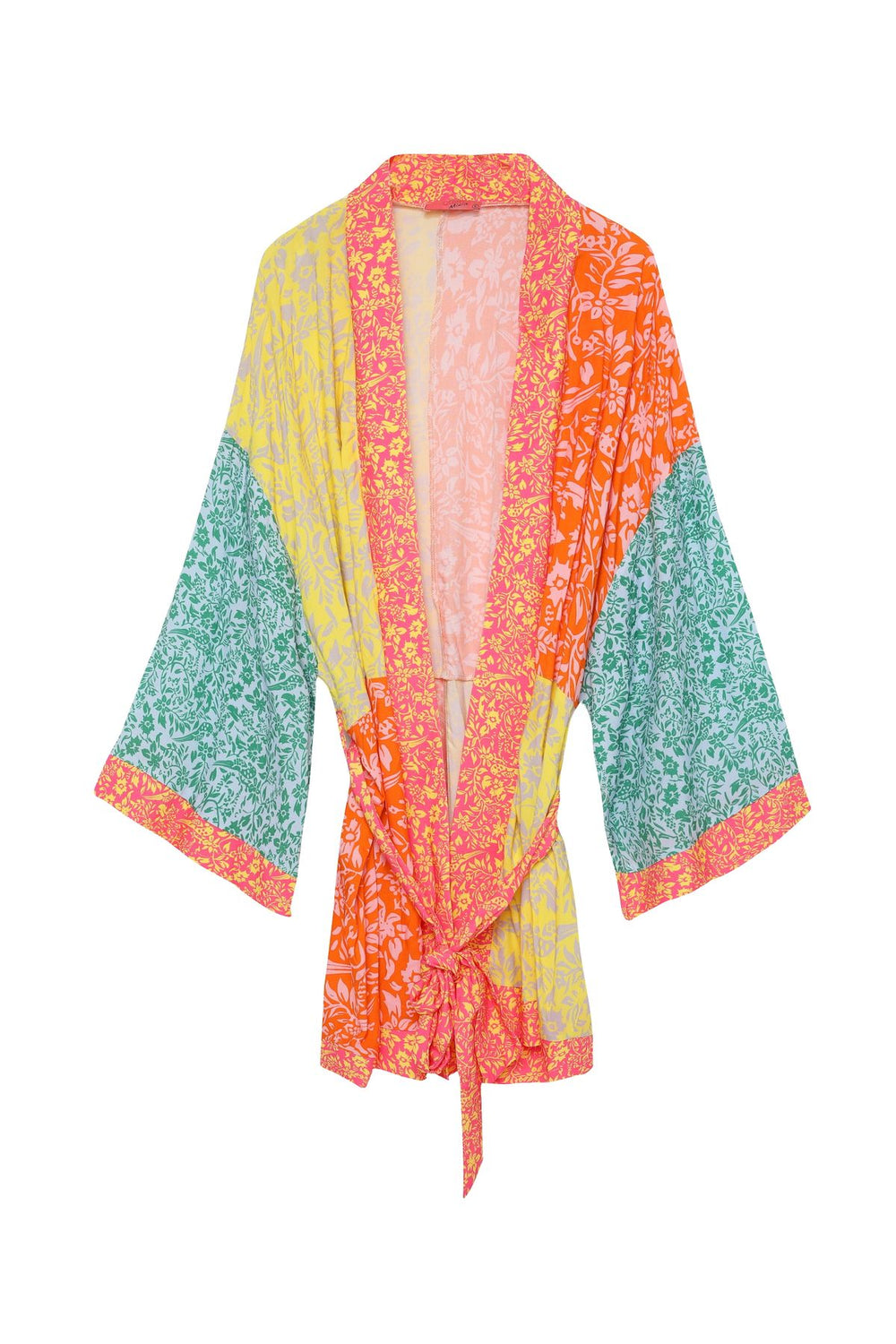 Blok Renkli Kuşaklı Kimono Sarı