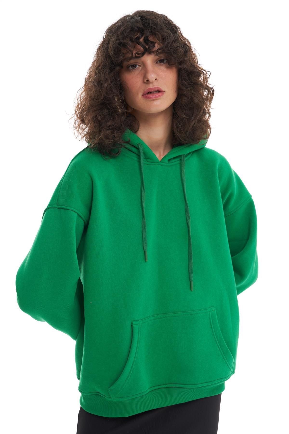Kapüşonlu Kanguru Cepli Sweatshirt Koyu Yeşil