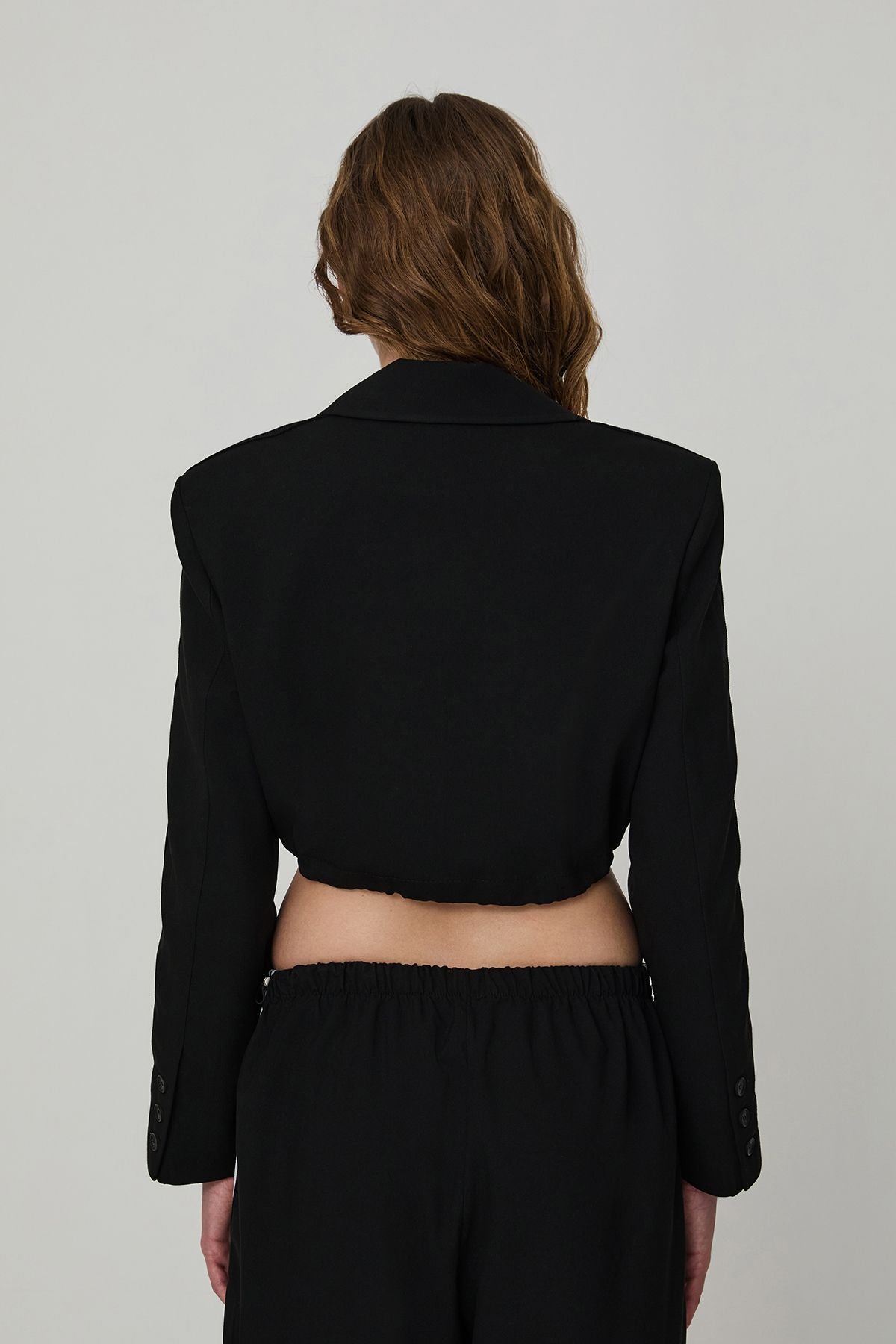 Şerit Detaylı Düğmeli Crop Blazer Ceket Siyah