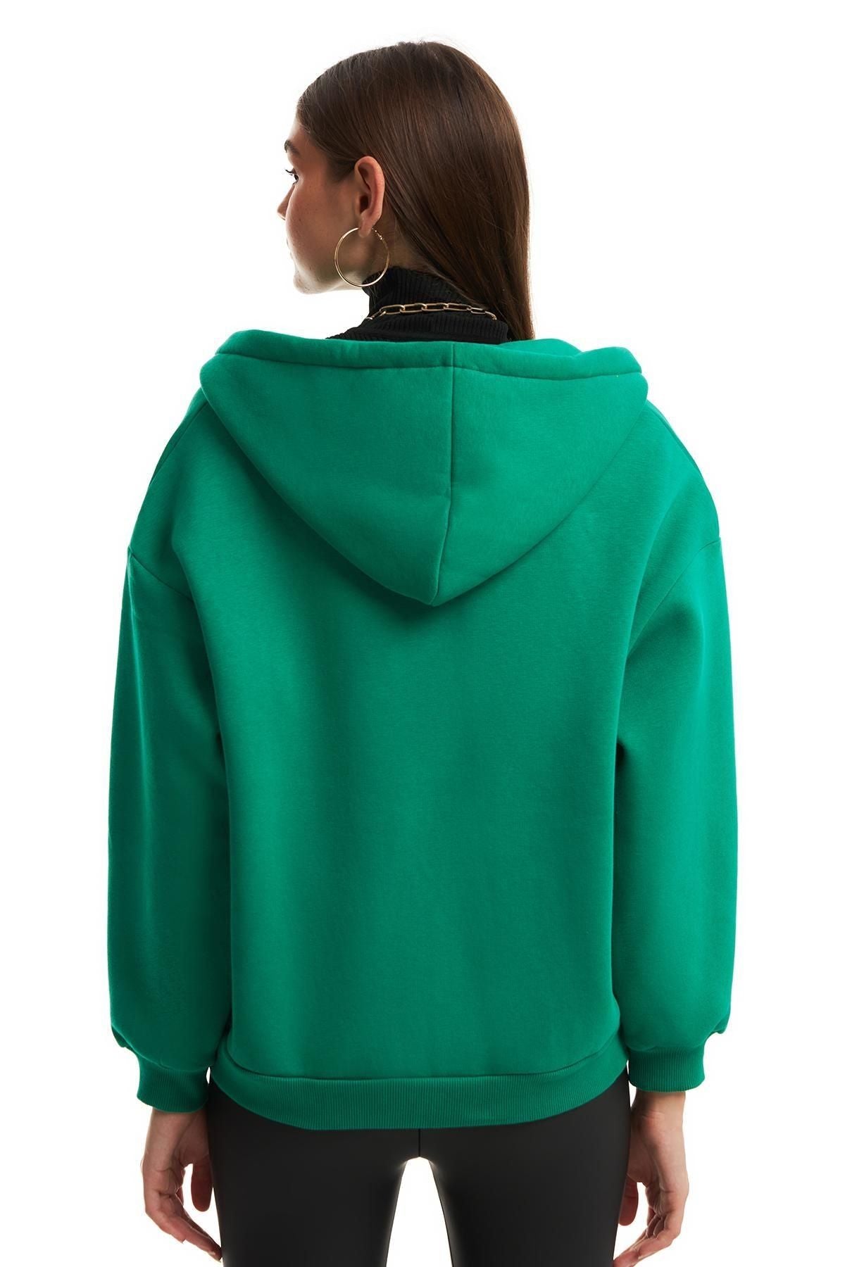 Fermuarlı Kapüşonlu Sweatshirt Koyu Yeşil
