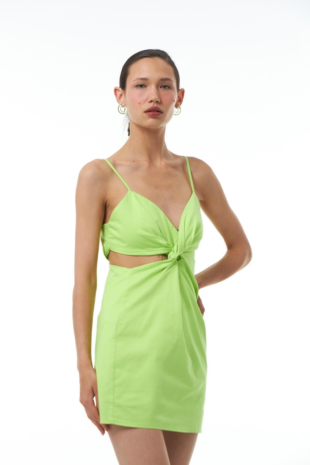 Dekolteli Askılı Mini Elbise Neon Yeşil