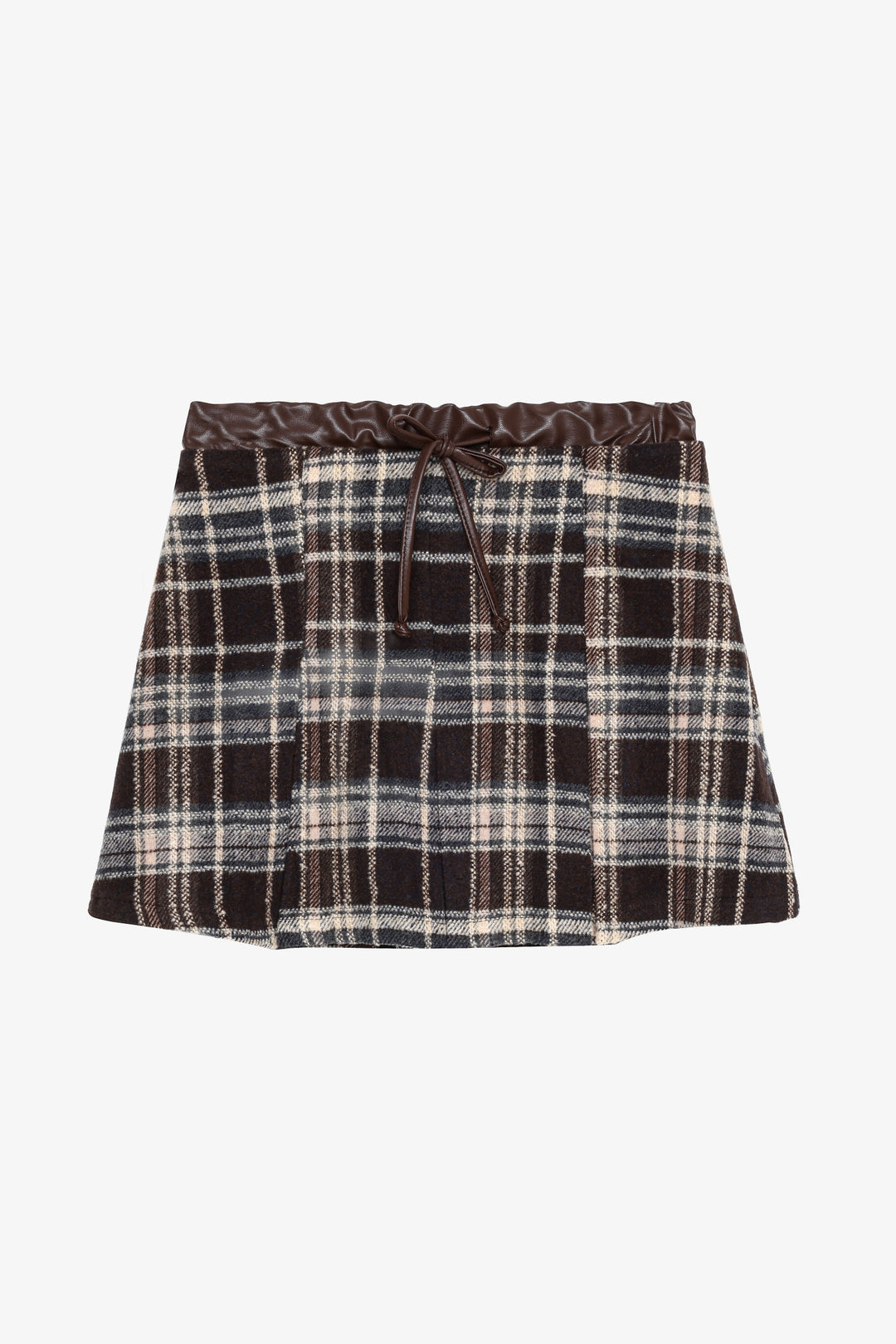 Deri Garnili Ekose Pileli Mini Etek Kahverengi