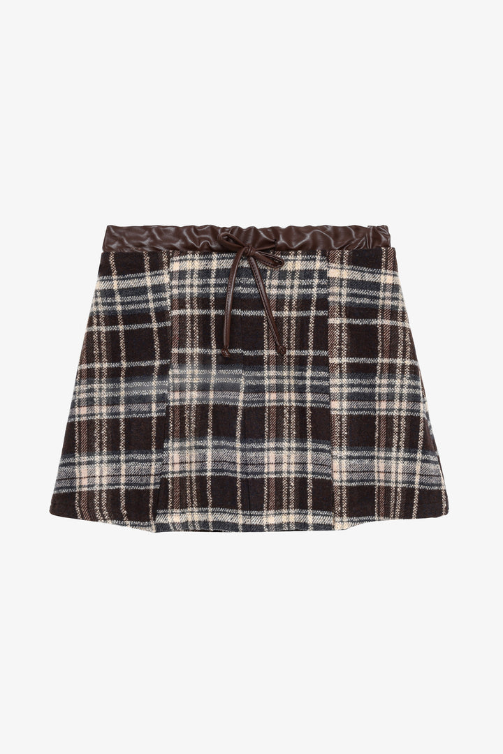 Deri Garnili Ekose Pileli Mini Etek Kahverengi