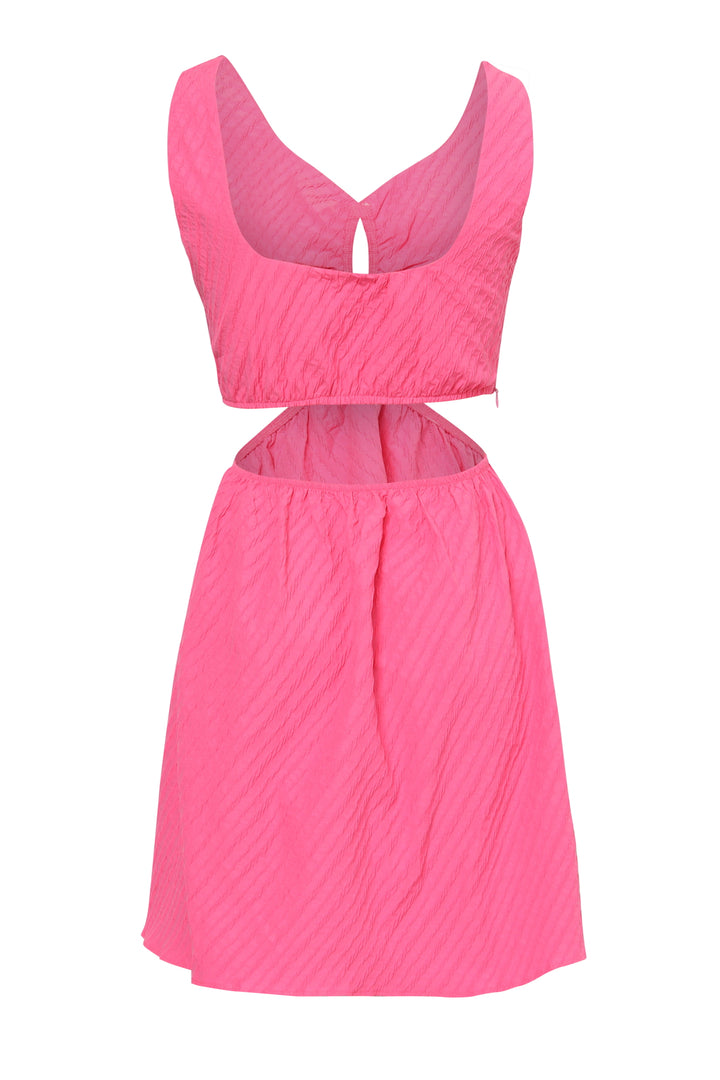 Cut Out V Yaka Elbise Şeker Pembe