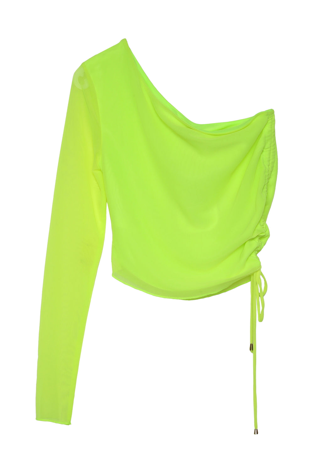 Yanı Büzgü Detaylı Tek Omuz Tül Bluz Neon Sarı