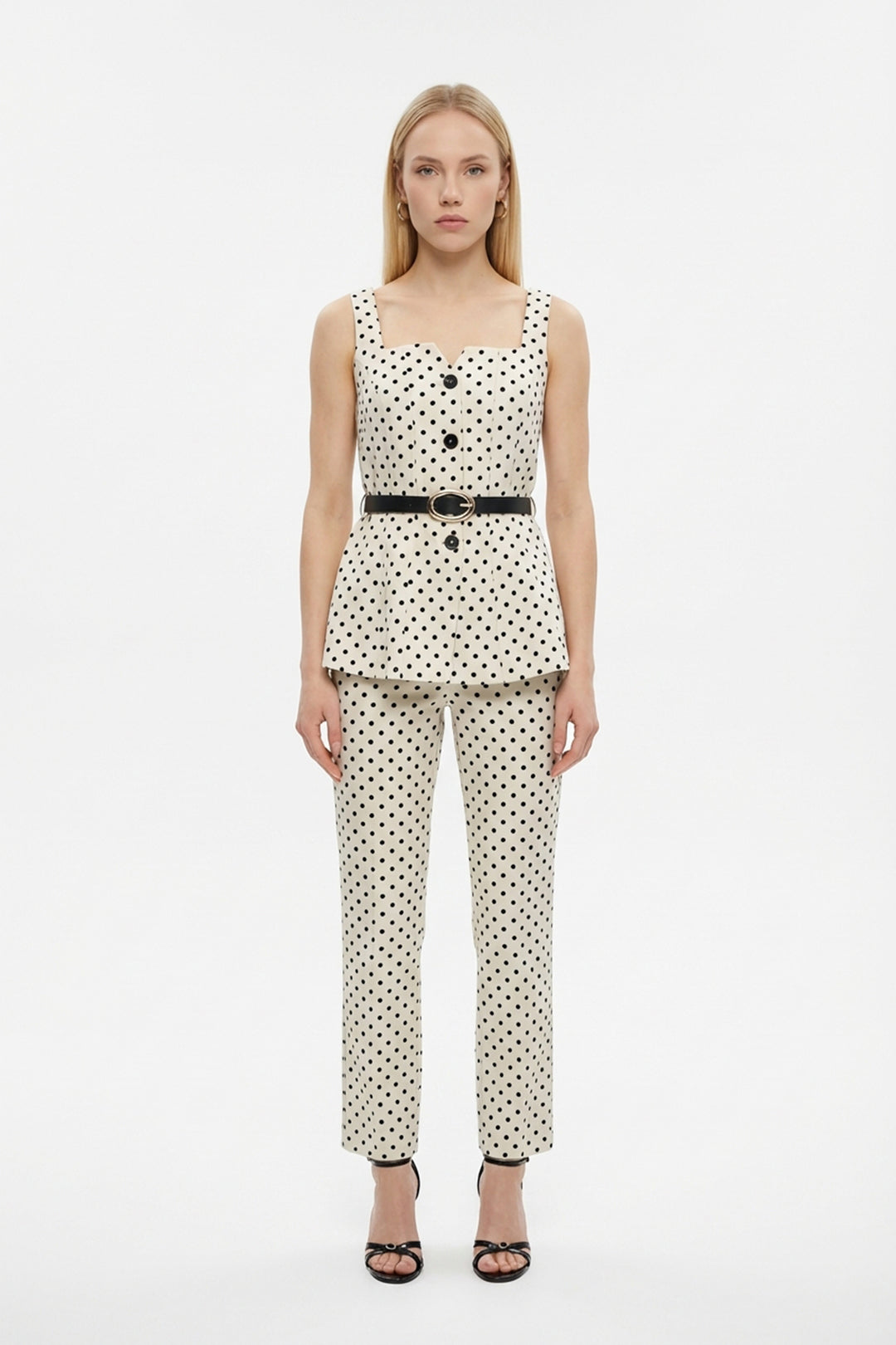 Puantiyeli Kemerli Kare Yaka Bluz Krem