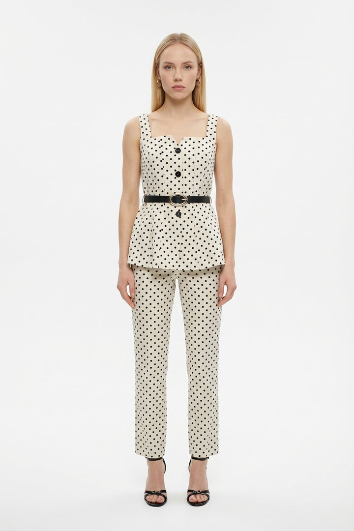 Puantiyeli Kemerli Kare Yaka Bluz Krem