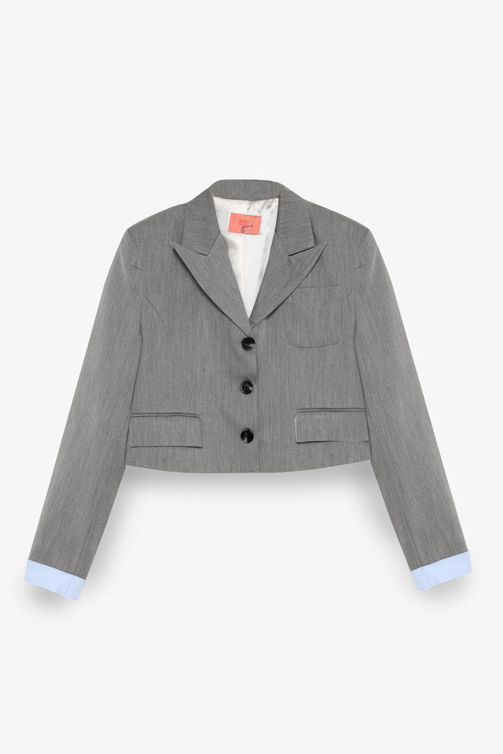 Kumaş Garnili Cep Detaylı Crop Blazer Ceket Gri