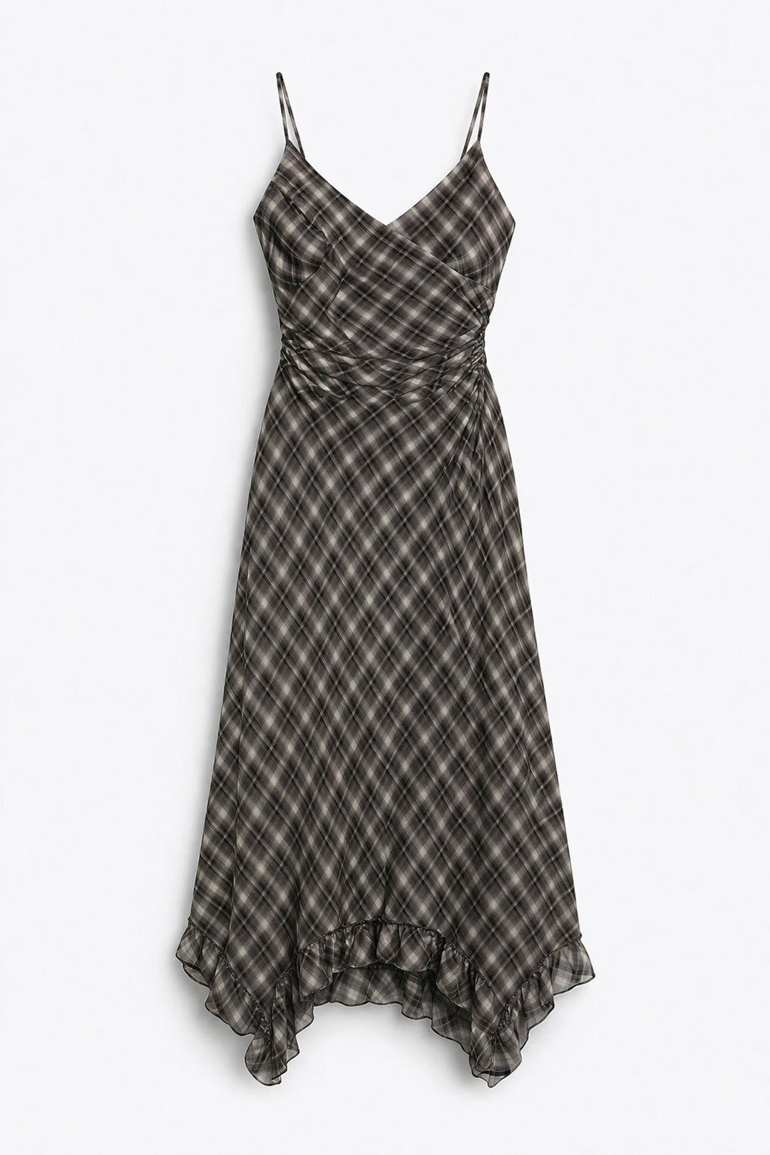 Asimetrik Drapeli Ekose Midi Elbise Siyah