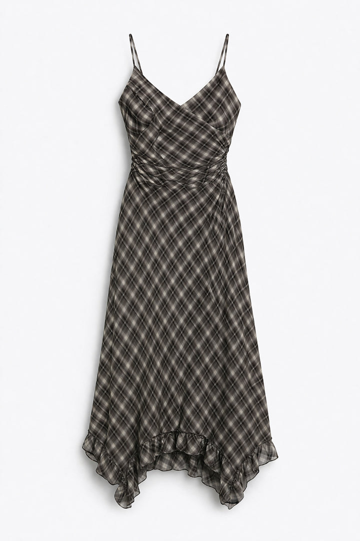 Asimetrik Drapeli Ekose Midi Elbise Siyah