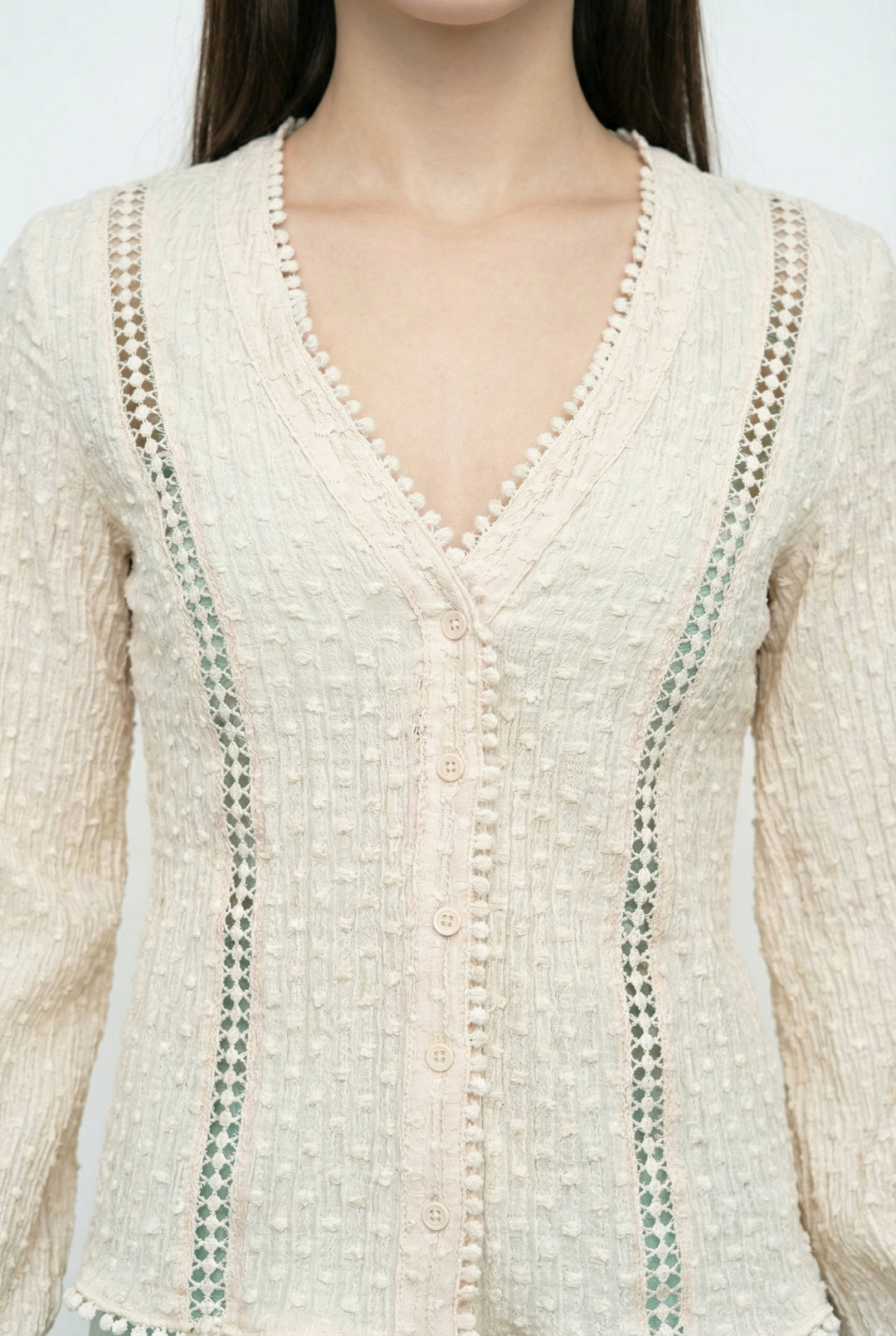 V Yaka Dokulu Gömlek Bej