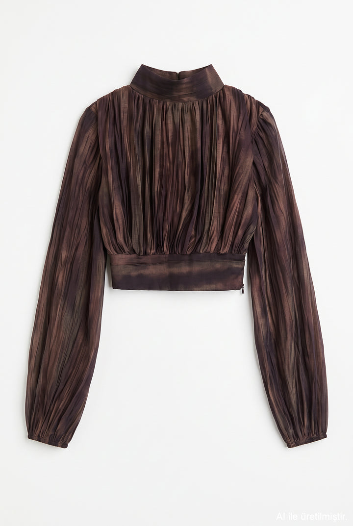 Dik Yaka Drapeli Crop Bluz Kahverengi