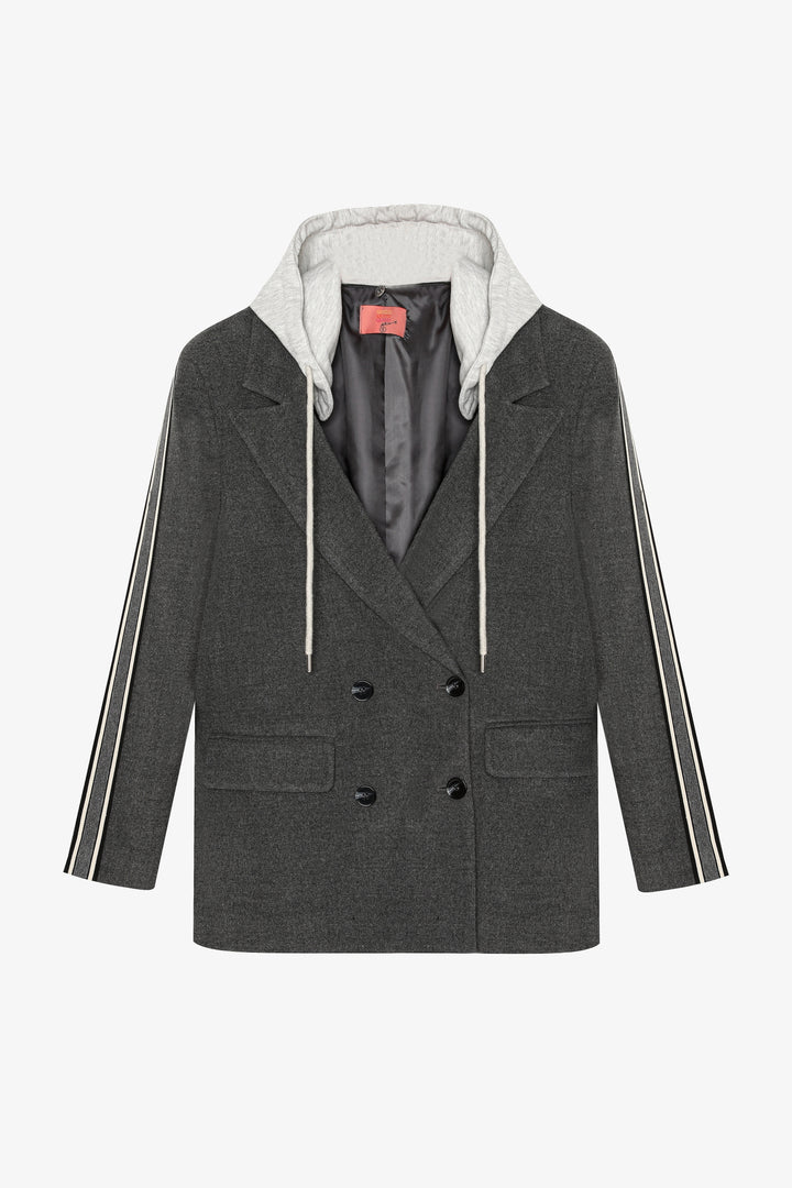 Kapüşonlu Şeritli Oversize Blazer Ceket Koyu Gri