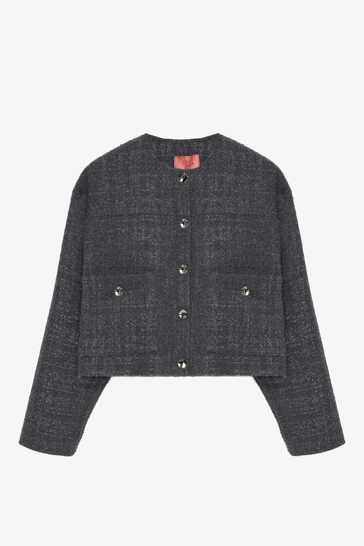 Yuvarlak Yaka Cepli Tüvit Ceket Antrasit