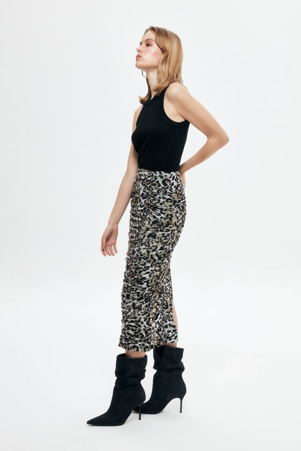 Leopard Patterned Draped Midi Skirt Black