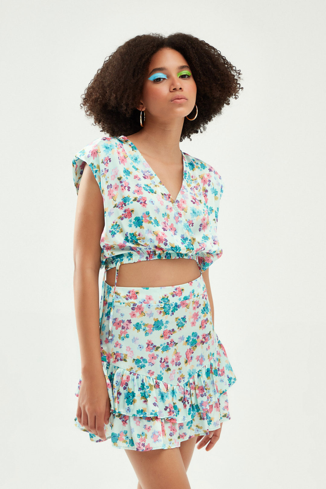 Floral Waistband Crop Satin Blouse Mint