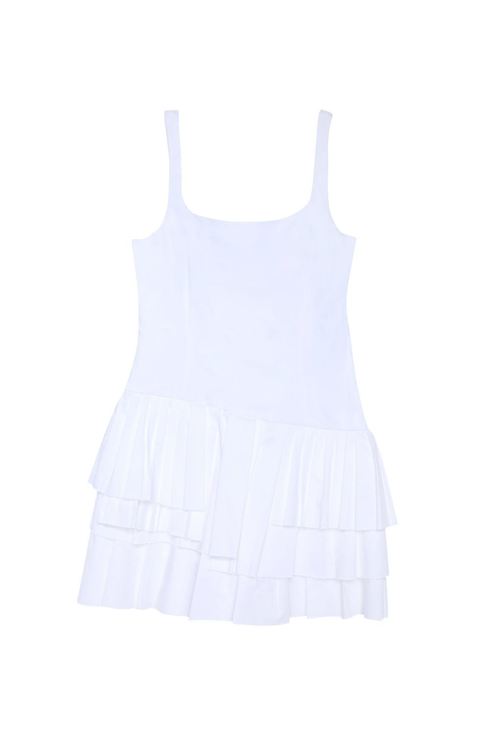 Kesik Detaylı Pileli Asimetrik Mini Elbise Beyaz