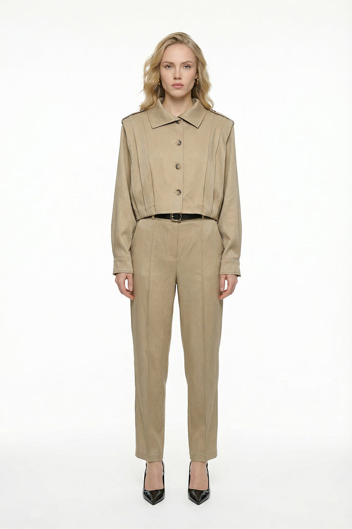 Apoletli Pile Detaylı Kısa Ceket Bej