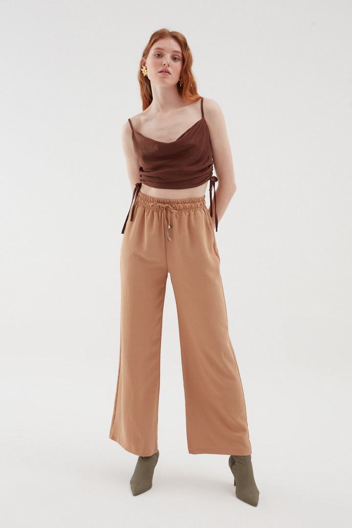 Elastic Waist Wide Leg Trousers Beige