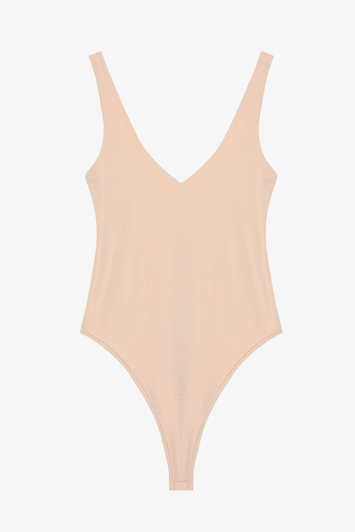 V Yaka Basic Bodysuit Bej
