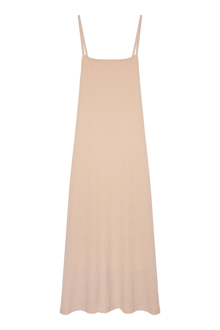 İnce Askılı Uzun Elbise Açık Bej