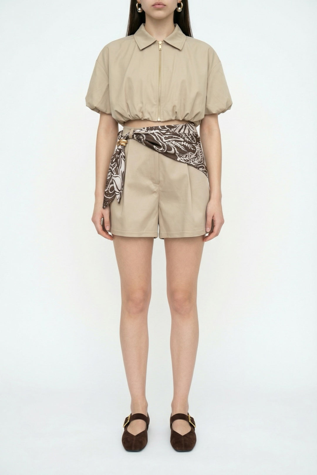 Yüksek Bel Fularlı Mini Şort Bej