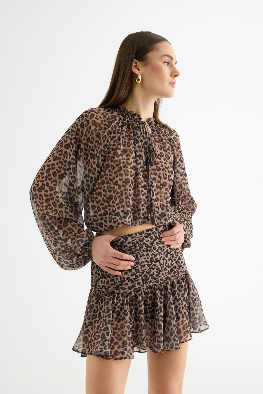 Leopar Desenli Fırfırlı Şifon Mini Etek Kahverengi